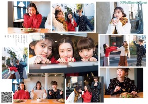 A collage of photos of a group of young women eating food.